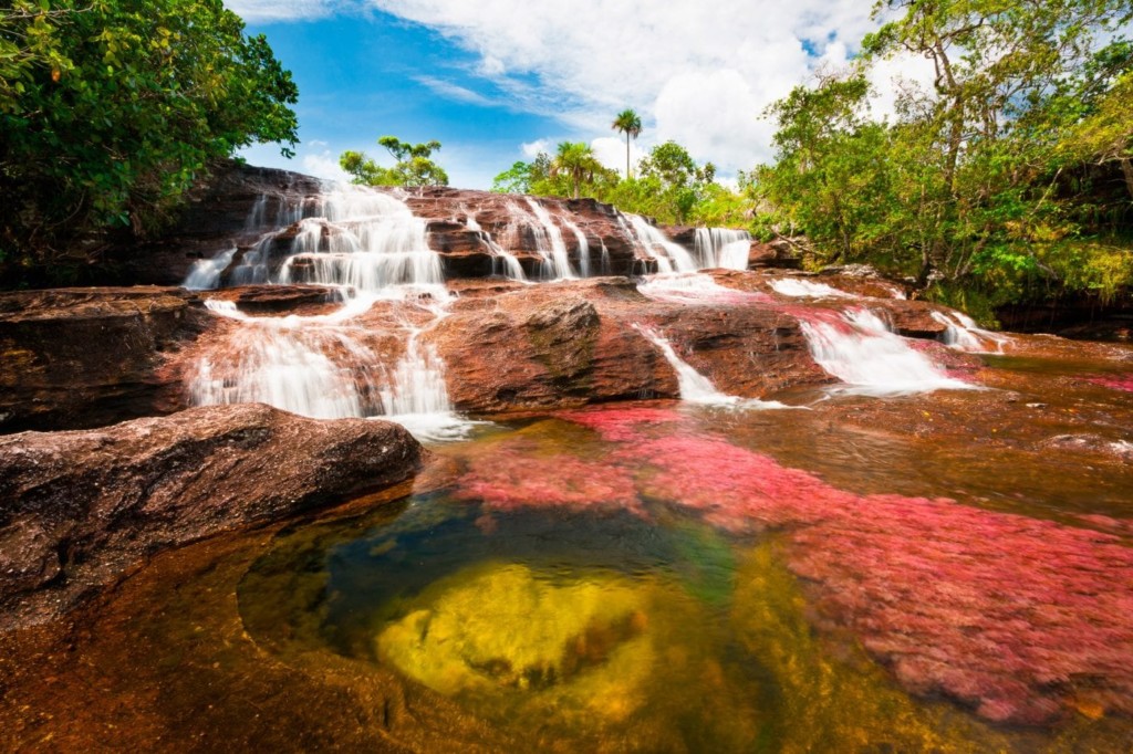 Waterfall in caño cristales river, the five color river or rainbow river in Colombia